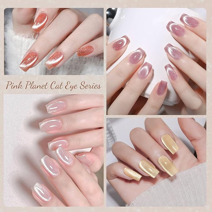 CANNI 8 Pcs 9 ML Cat Eye Gel Nail Polish Set, Jelly Pink Red Purple Blue Black Glitter Cat Eye Gel Polish Kit with Magnet Shimmer Colors Soak Off Manicure Salon DIY Gifts