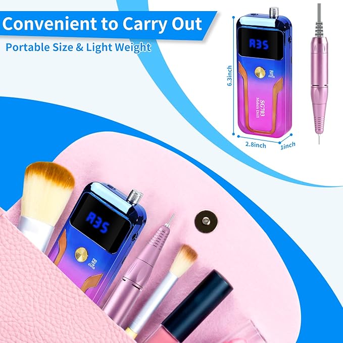 Portable Nail Drill Professional 35000 RPM, MOCOWIND Rechargeable Electric Nail File Machine for Acrylic Gel Polishing Removing, Cordless E-File with Bits Kit for Manicure Salon Home, Blue & Purple