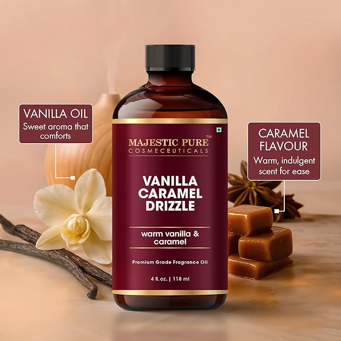 MAJESTIC PURE Vanilla Caramel Drizzle Premium Oil | Vanilla & Caramel Flavour | Premium Grade Fragrance Oil Used in Diffusers, DIY, Self Care | 4 Fl Oz