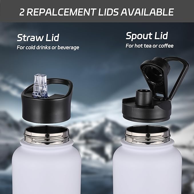 HASLE OUTFITTERS 40oz Stainless Steel Water Bottle, Vacuum Insulated Double Walled Leak Proof Sports Water Bottle with 2 Lids (Straw and Spout Lid) Thermo Mug Keep Cold and Hot(White,1)