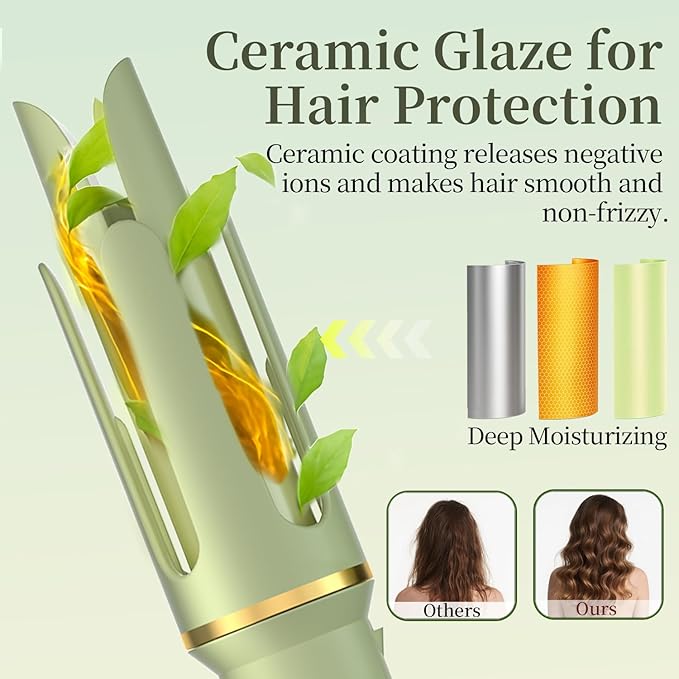 Automatic Curling Iron - Beach Waves Curling Wand with 4 Temperature, Portable Hair Curler Automatic Shut-Off, Anti-Scald, Anti-Tangle Rotating Curling Wand for Hair Styling, Elegant Green