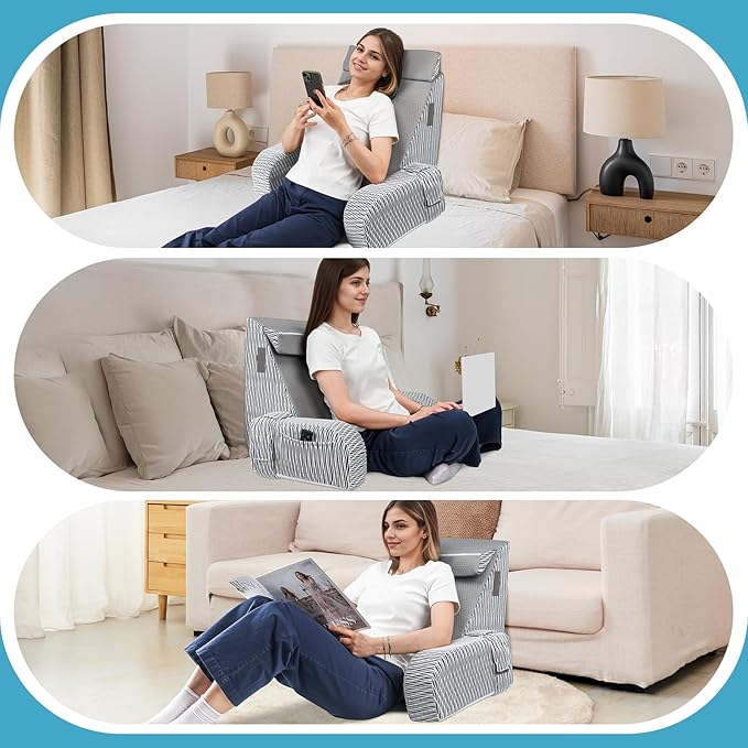 Reading Pillow for Sitting in Bed Adult - Back Pillow for Bed Sitting up, Backrest Support Pillow for Lounging/Reading/Gaming/Resting/Watching TV, Bedrest, Stripe