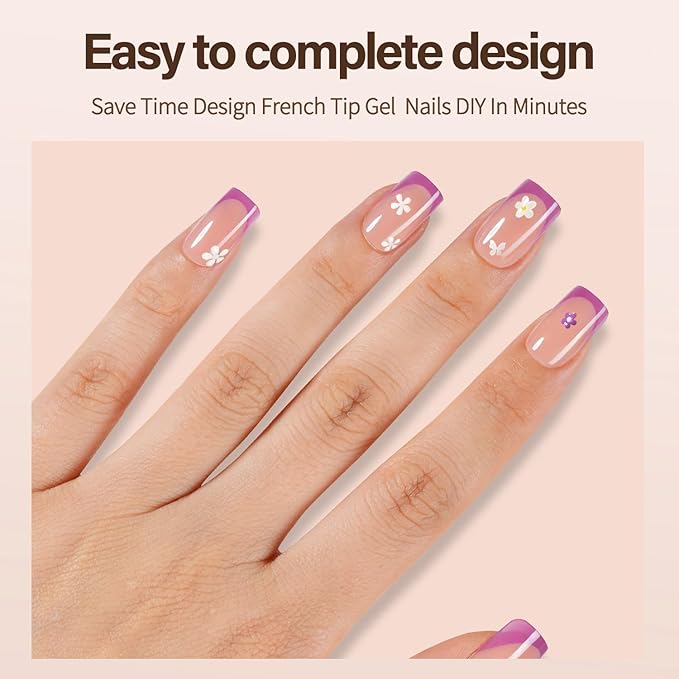150Pcs French Gel Nail Tips, Vansiho Short Square Nail Tips, Purple Pre-French Tips Press on Nails, Soak Off Soft Gel Acrylic Fake Nails for Nail Art DIY 15 Sizes