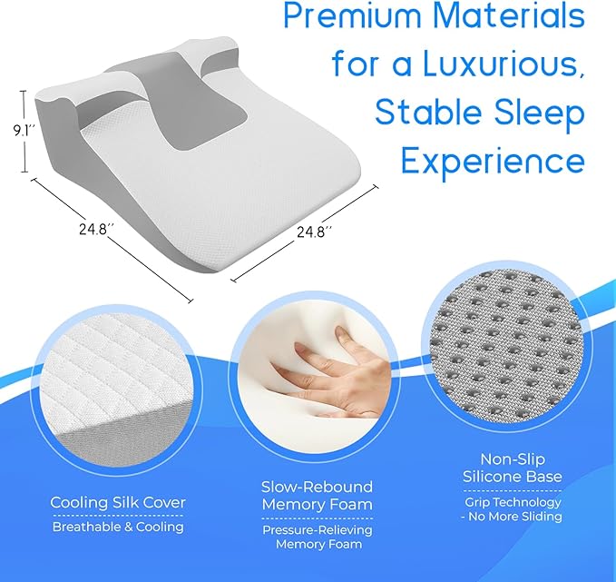 Bed Wedge Pillow for Sleep Apnea, Acid Reflux & Snoring Relief - Post-Surgery Recovery Pillow with Ergonomic 3-in-1 Certified Memory Foam for Back, Neck & Head Support - Ideal for Back & Side Sleepers