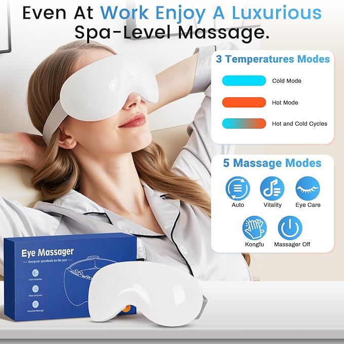 Eye Massager with Heat and Cooling for Migraines – 14 Massage Nodes for Eye Strain Relief, Rechargeable Bluetooth Music, Improve Sleep, Birthday & Holiday Gifts for Women and Men (White)
