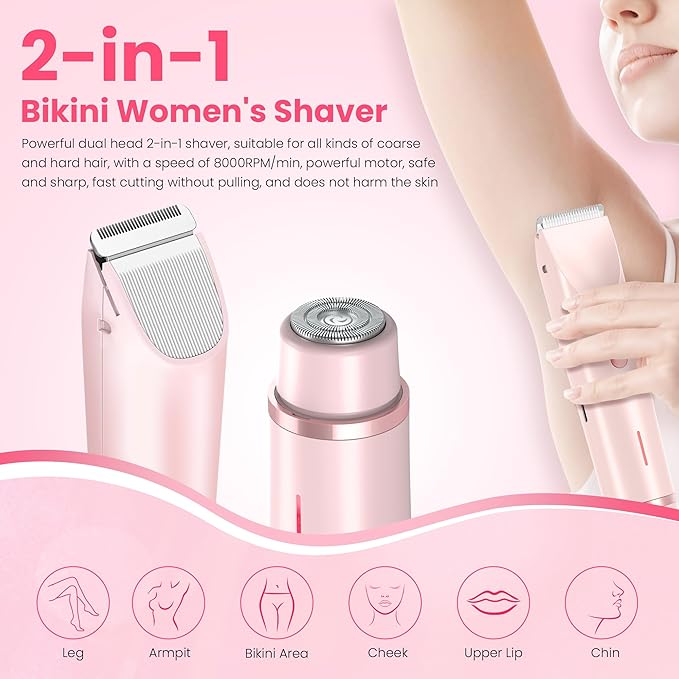 Bikini Trimmer for Women-2 in 1 Dual Head Electric Razors,IPX7 Waterproof Bikini Electric Shaver,Dry & Wet Use Painless Bikini Shaver,Pubic Hair Trimmer for Private Area & Body Hair, Pink