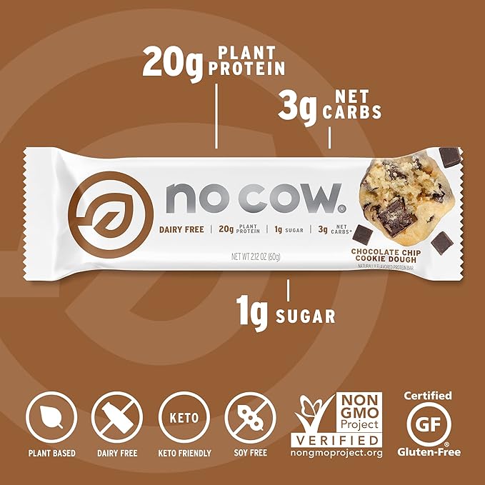 No Cow Vegan Protein Bars, Upgraded Chocolate Chip Cookie Dough | 20g Plant Based Protein, Gluten Free, Dairy Free, Soy Free, Keto Friendly, Low Sugar, High Fiber Snack Bars | Pack of 12