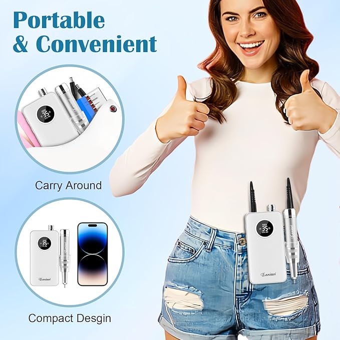 Nail Drill Professional 35000RPM, Cordless Electric Nail File Drills para Uñas, Portable Rechargeable E File 7 Bits Manicure Pedicure Kit for Acrylic Nails Gel Remover Salon Home Tools, White