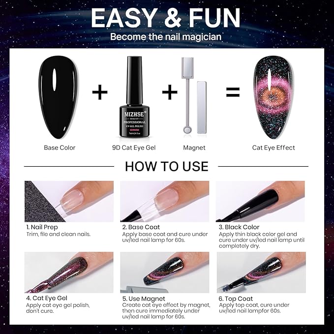 MIZHSE Cat Eye Gel Nail Polish 10 Colors, Glitter Magnetic Gel Polish Set with Magnet Stick, Holographic Galaxy Effect Cat Eye Nail Polish Soak Off Nail Art Manicure Kit Gift for Women