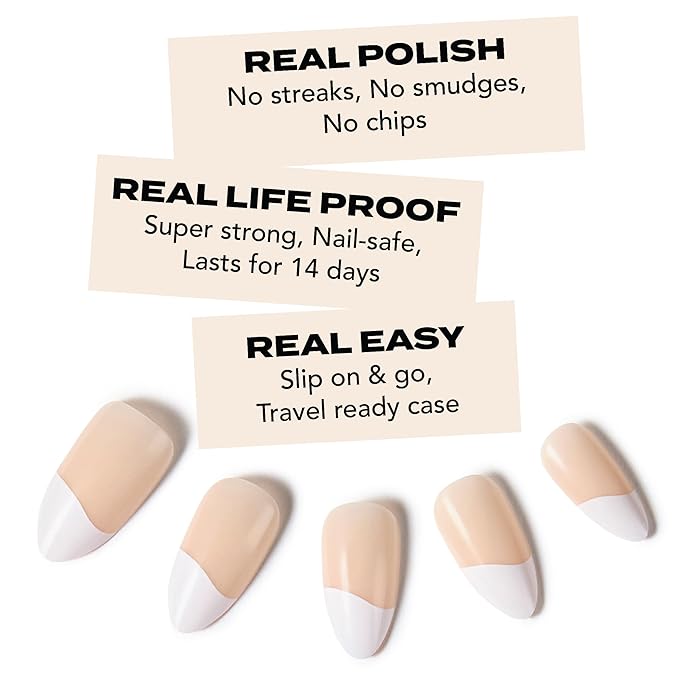 French Tip Press-On Nails – Hard Candy Glossy Gel-Shine, False Nail Kit includes Nail Glue, 30 Pieces, Reusable (White Tip, Wavy)