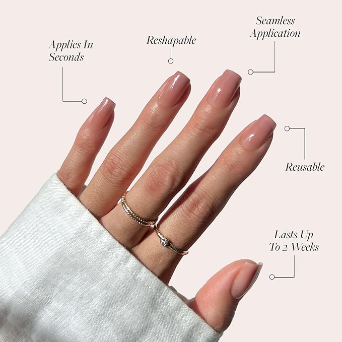 Glamnetic Press On Nails - In The Nude | Medium Square Fake Nails, Sheer Nude Neutral, Salon Quality | 15 Sizes - 30 Nail Kit