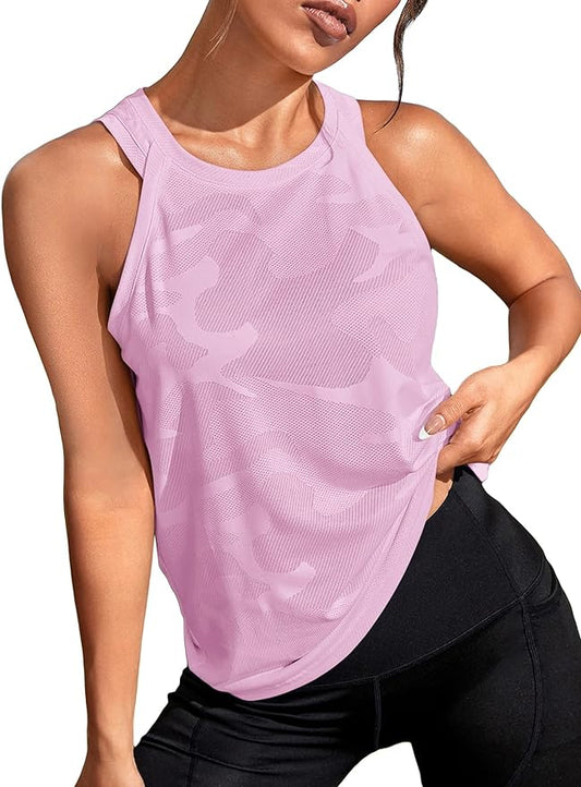 OYOANGLE Women's Camo Print Sleeveless Workout Shirts Exercise Running Tank Tops Active Gym Tops