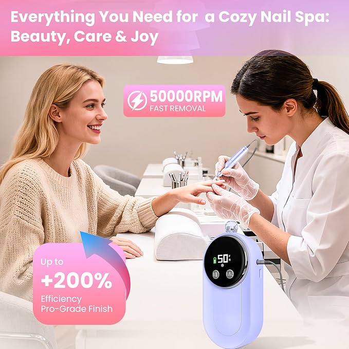 Professional Nail Drill, 50000RPM High-Performance Rechargeable Electric Nail File for Fast Acrylic/Gel Removal & Shaping, E File with Bits & Anti-Slip Pad for Home & Salon Use, Perfect Gift