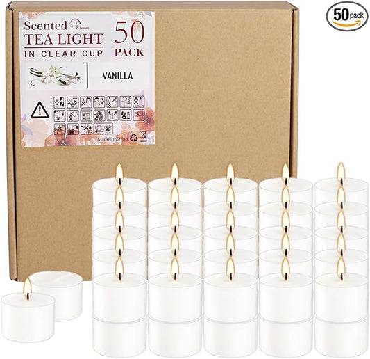 Set of 50 White Scented Tealight Candles Bulk, Vanilla Fragrance Wax with Clear Container, for Restaurant Dinner Weddings Baby Showers, Long Burning, 8 Hours