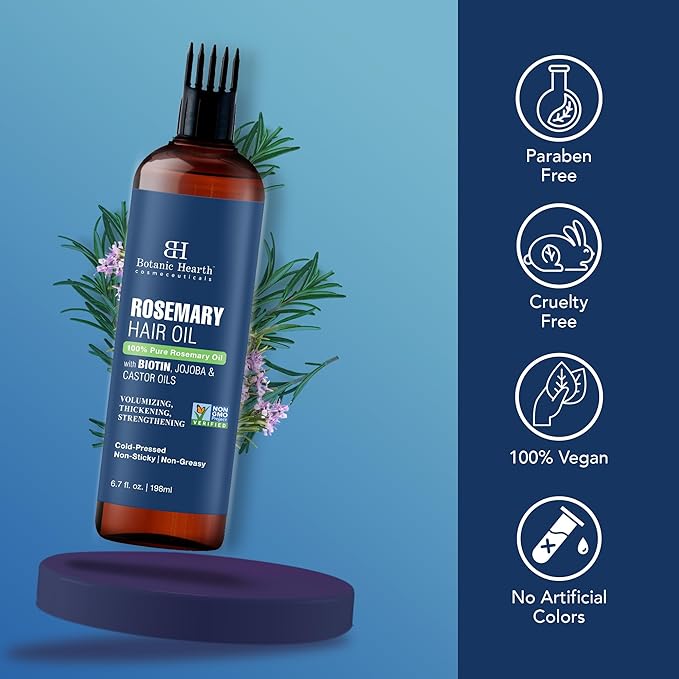 Botanic Hearth 100% Pure Rosemary Oil For Hair Growth | Infused with Biotin, Jojoba, Castor Oil | Hair Oil Repairs Dry Damaged Hair, Strengthening, Healthier - Hair Tonic, 6.7 fl oz (pack of 2)