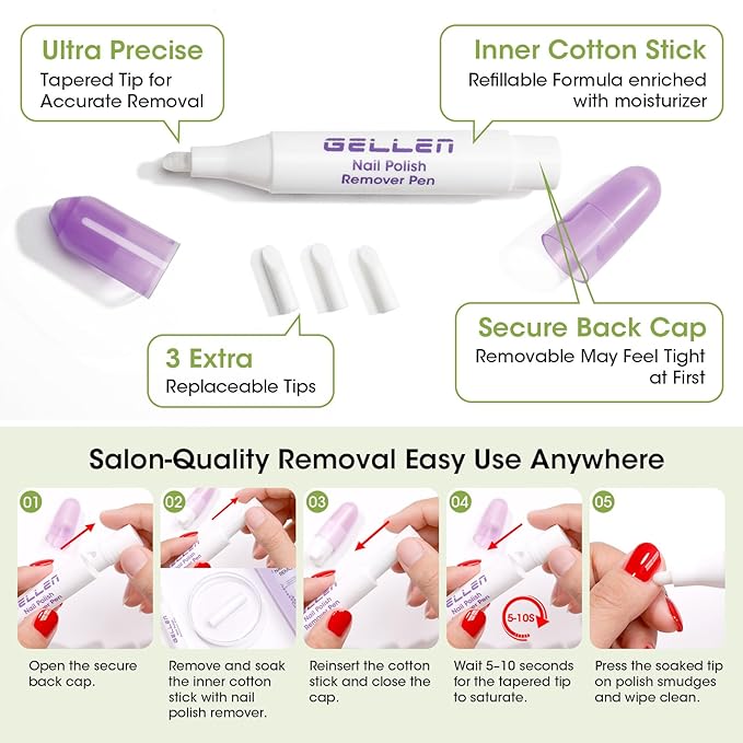 Gellen Professional Jasmine Scent Nail Polish Remover with Corrector Pen Kit, 280ml Gentle & Non-Drying Formula with Aloe & Vitamin E, Precision Cleaning Pen with Refill Tips for Nail Art