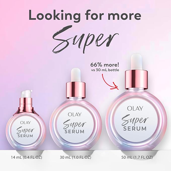 Olay Super Serum Trial Size - Niacinamide, Vitamin C & E, Collagen Peptide, AHA - 5-in-1 Skin Care Benefits - Healthy Glow, Brightening, Hydrating, Smoothing, Firming, Evens Tone, Anti-Aging, 0.4 Oz