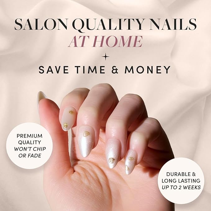 Glamnetic Press On Nails - Sanded | Short Almond Nude Fake Nails with Raised Gold Shell Accents, Salon Quality Summer Nails | 15 Sizes - 30 Nail Kit with Glue