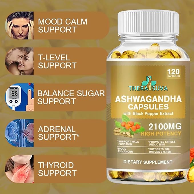 Superior Potency Ashwagandha 2100mg + Black Pepper Extract 8mg Supplement for Stress Relief & Immune Support, 120 Softgel Capsules, 60-Day Supply