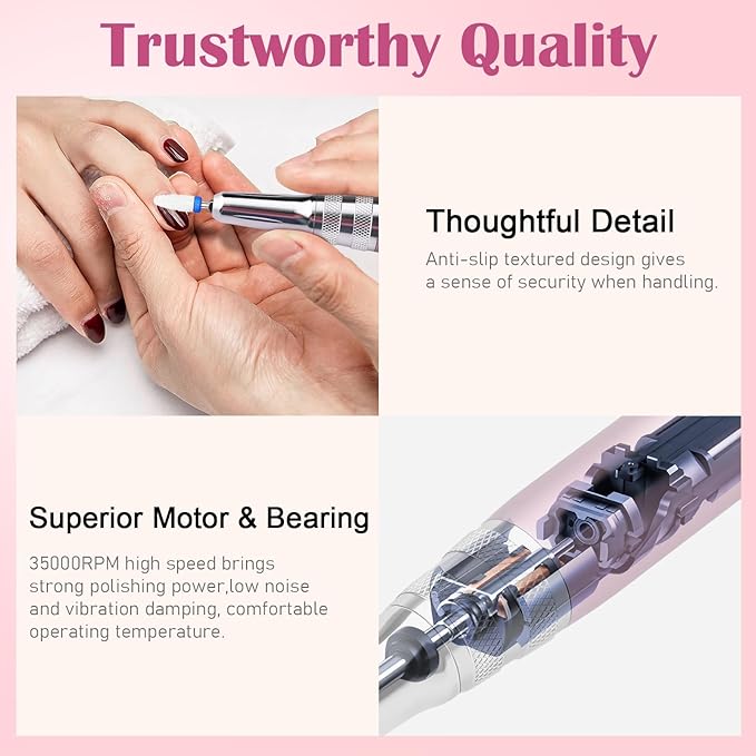 Nail Drill Kit Professional 35000RPM, Cordless Electric Nail File Drills Machine Uñas, Portable Rechargeable Efile 7 Bit Manicure Pedicure for Acrylic Nails Gel Remover Salon Home Tools, Pink