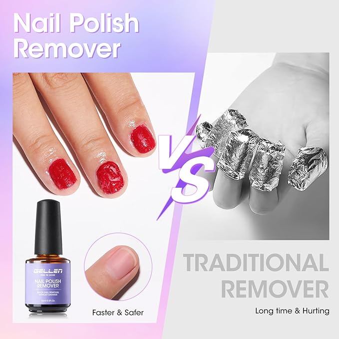 Gellen Gel Polish Remover Kit for Nails, Gel Nail Polish Remover 3-5 Minutes Removal, Pink Liquid Latex Tape Easy to Peel Off, with Manicure Tools
