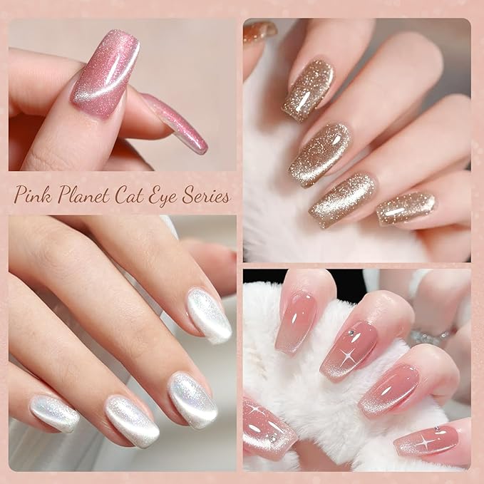 CANNI 8 Pcs 9 ML Cat Eye Gel Nail Polish Set, Jelly Pink Blue Silver Glitter Holographic Cat Eye Gel Polish Kit with Magnet Shimmer Colors Soak Off Led Manicure Salon DIY Gifts