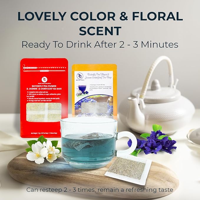 Butterfly Pea Flower Tea Samplers with Jasmine & Stevia - 15 Count, Mini Tea Bags, Bamboo Tong Included, No Sugar Added, Re-Steep Natural Herbal Tea Blend for Skin,Support