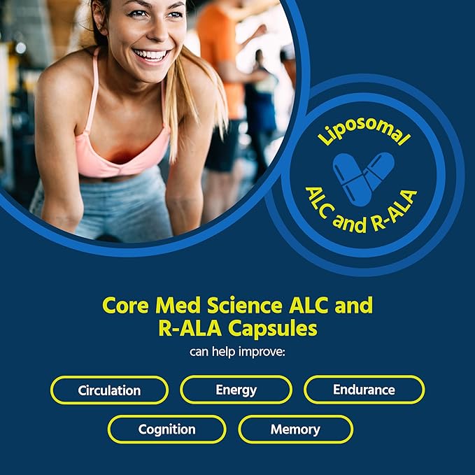 Core Med Science Liposomal ALC & R-ALA Supplement Capsules - Acetyl-L-Carnitine (900mg) & R-Alpha Lipoic Acid (75mg) - Promotes Energy & Focus - Supports Mental Function & Memory Cognition (60 Count)