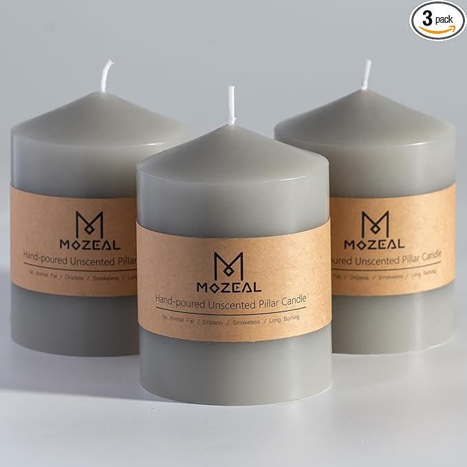 MOZEAL 3" x 4" Hand-Poured Unscented Gray Pillar Candles,Dripless Candles Set of 3,Smokeless,Clean Burning,Approx 60 Hours Burn Time,Wedding,Dinner,Christmas and Home Decor（3 Inch Width Series）