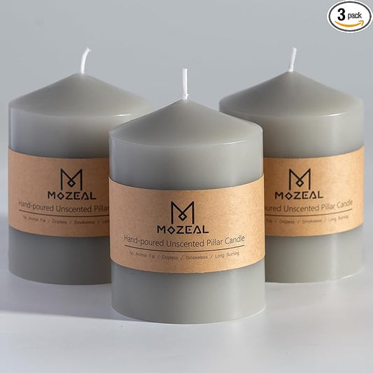 MOZEAL 3" x 4" Hand-Poured Unscented Gray Pillar Candles,Dripless Candles Set of 3,Smokeless,Clean Burning,Approx 60 Hours Burn Time,Wedding,Dinner,Christmas and Home Decor（3 Inch Width Series）