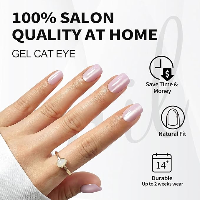 Pink Cat Eye Press on Nails Square - Soft Gel Press on Nails Short for Women Gift, Fit Perfectly & Natural Stick on Nails with Glue in 16 Sizes - 32 Reusable Fake Nails, Light Pink