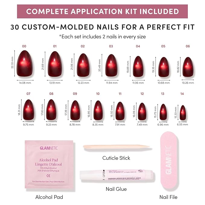 Glamnetic Press On Nails - Frosted Cranberry | Short Almond Fake Nails in Deep Red with Jelly Finish, Salon Quality Holiday Nails | 15 Sizes - 30 Nail Kit with Glue
