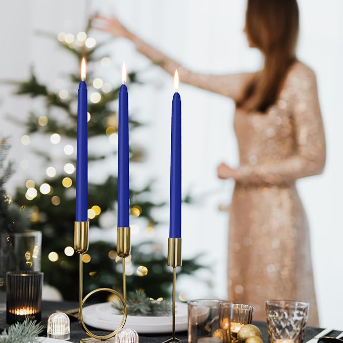 12 Pack Blue Taper Candles - Taper Candles 10 Inch Dripless, Smokeless & Unscented - 8 Hours Long Burning - Ideal for Weddings, Dinner Parties, and Home Decor
