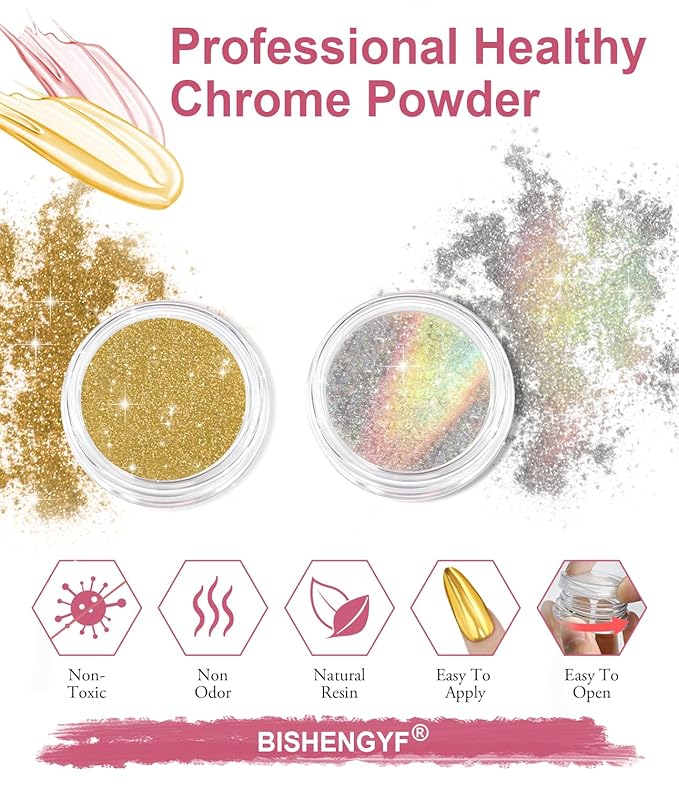 Gold Chrome Nail Powder - Sparkly Laser Holographic Nail Powder Metallic Mirror Effect Aurora Nail Chrome POwder, White Pearl Pigment Holo Iridescent Glitter Dust Kit, Nail Art Decoration