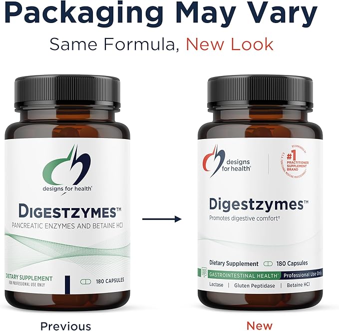 Designs for Health Digestzymes - Digestive Enzymes + Betaine Hydrochloride for Gas & Bloating Relief - Pepsin, Ox Bile, Lactase Enzyme & Lipase Enzymes for Digestion (180 Capsules)