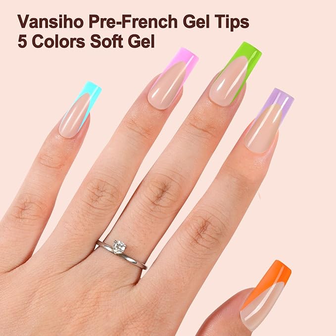 Vansiho French Gel Nail Tips, 150Pcs Long Square Gel Nail Tips, Pre-French Tips Press on Nails, Soak Off Acrylic Fake Nails for Nail Art DIY 15 Sizes