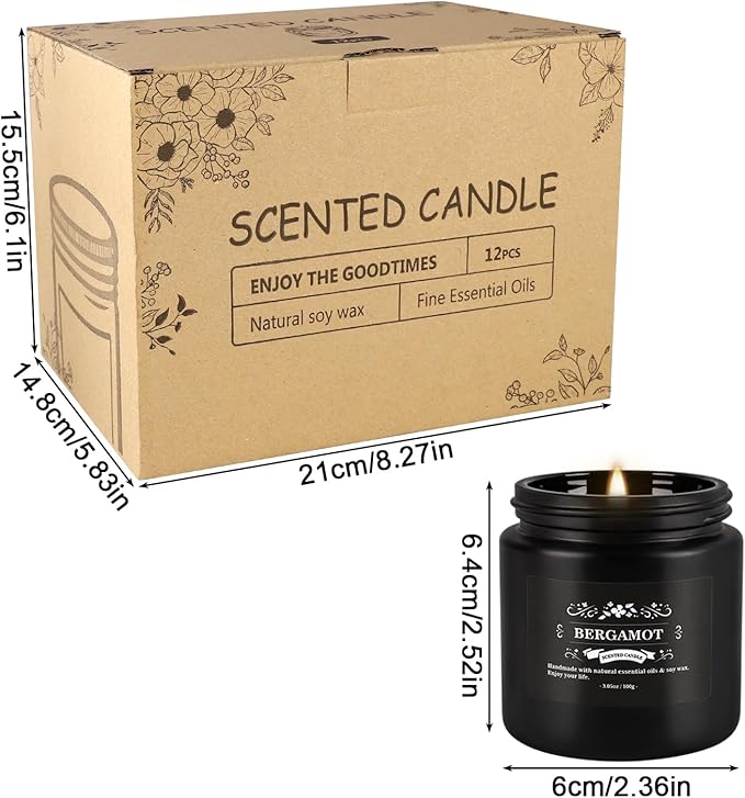 12PCs Black Scented Candles - Aromatherapy Candle Set, Soy Wax Candle for Home Camping & Garden, Christmas Gifts for Men or Women Indoor Outdoor, 3.05 Ounce Each