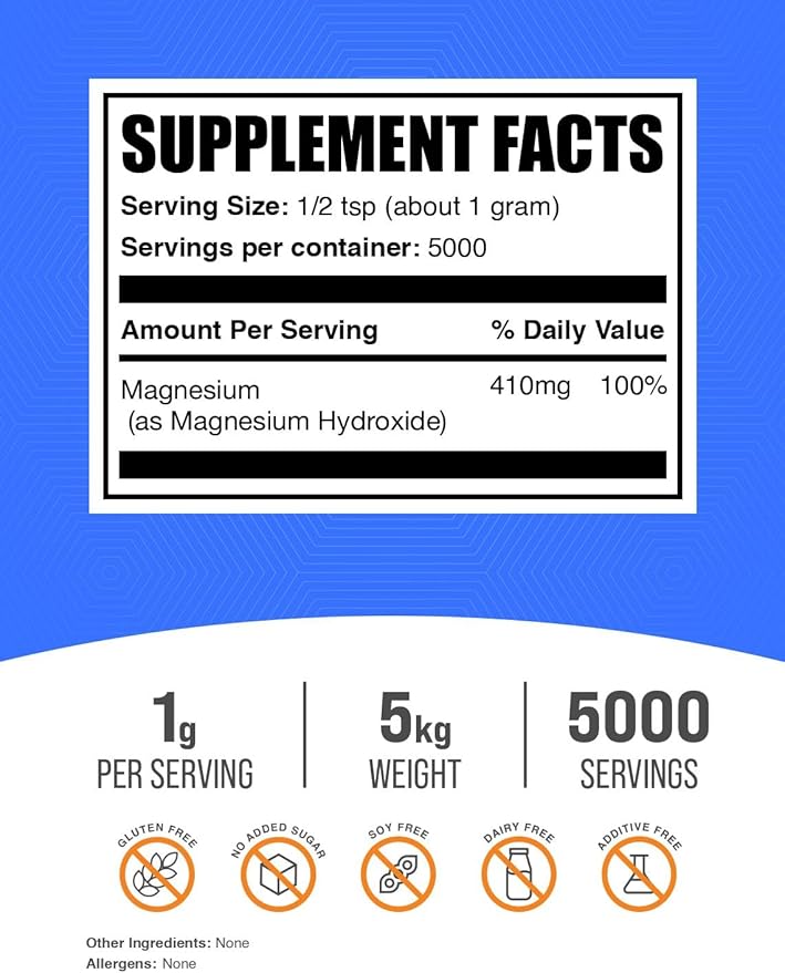BulkSupplements.com Magnesium Hydroxide Powder - Magnesium Hydroxide Supplement - Food Grade & Gluten Free, 1g per Serving, 1kg (2.2 lbs) (Pack of 5)