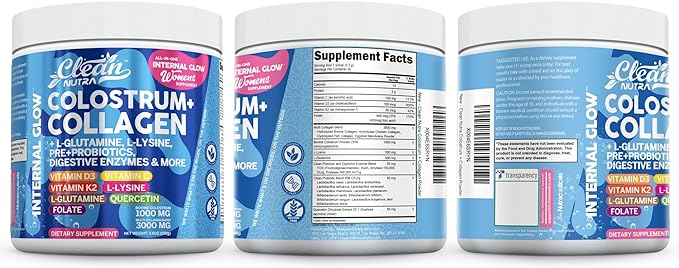 Bovine Colostrum Powder + Collagen Peptides with L-Glutamine L-Lysine Prebiotics Probiotics Digestive Enzymes Vitamin D K2 C Quercetin & Folate | Gut Health Supplement Internal Glow by Clean Nutra