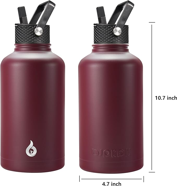 BJPKPK Half Gallon Insulated Water Bottles with Straw Lid, 64oz Large Water Jug, Stainless Steel Bottles with 3 Lids and Paracord Handle, Thermo for Hot & Cold Liquid, Brick Red