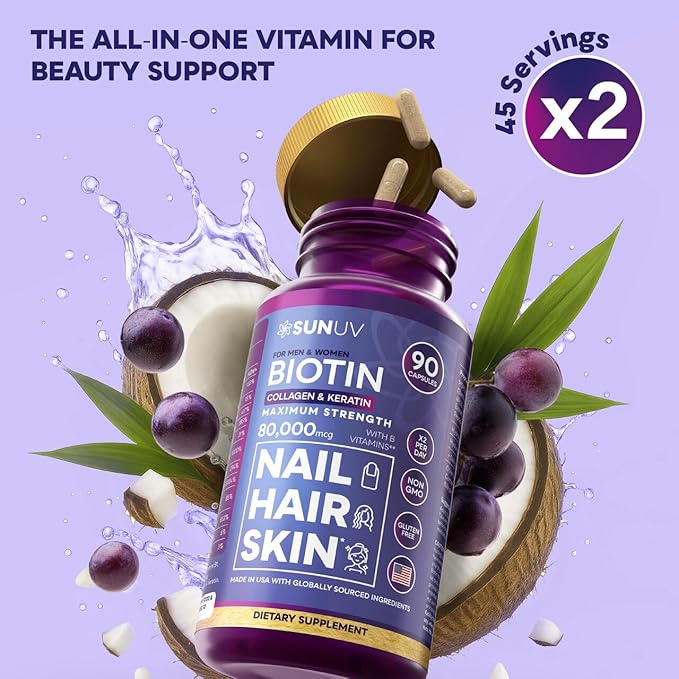 SUNUV Biotin 10000mcg with Collagen & Keratin - 80000mcg Hair Growth Vitamins for Women & Men,Skin & Nails Support - Hyaluronic Acid & Vitamins B1,B2,B3,B5,B6,B9,B12 -Made in USA-90 Capsules