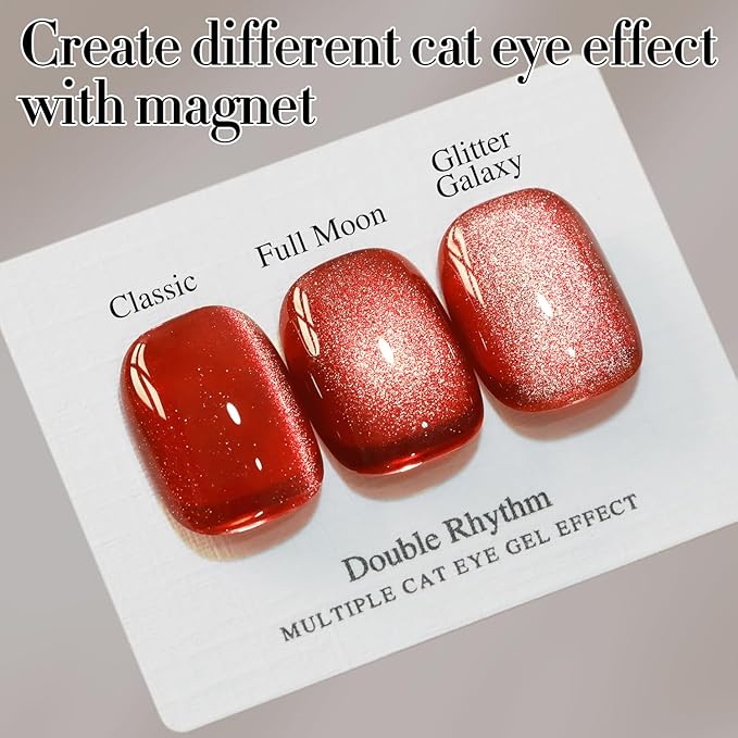 Double Rhythm 0.5 OZ Cat Eye Gel Polish with Magnet 15ML Holographic Glitter Shimmer Translucent Jelly Color Magnetic Nail Polish Salon DIY at Home (Red-MC1055)