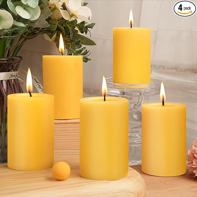 Natural Beeswax Pillar Candles, 2x3in Organic Pillar Candles-128 Hours Pure Beeswax Candles Long Burning Time Smokeless Dripless Bees Wax Candle for Home Paryer Relax, 4 Packs