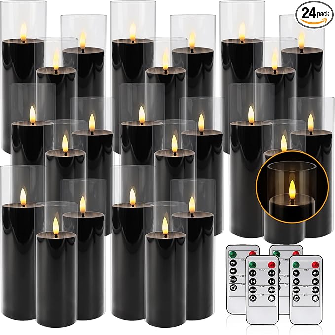24Pack Black Flickering Flameless LED Candles with Remote & Timer, Small Pillar Acrylic LED Candles Perfect for Indoor/Outdoor Decor,Wedding,BBQ and Gift - Easily Create a Magical Atmosphere.