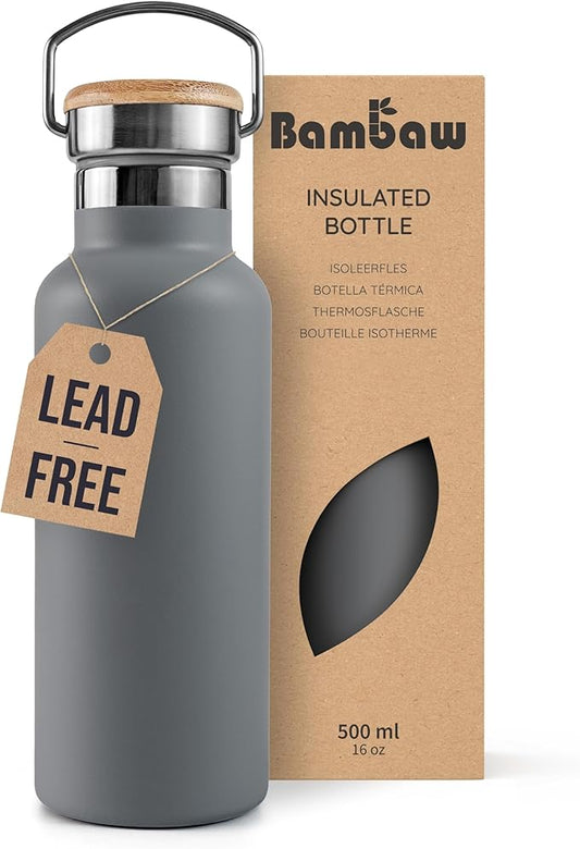 Bambaw 16 oz Water Bottle, Gray Insulated Water Bottle, Metal Water Bottle That Fits in Cup Holder, Hiking Water Bottle, Stainless Steel Water Bottle, Refillable Water Bottle – Stormy Gray