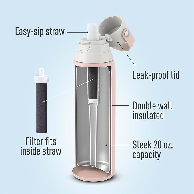 Brita Stainless Steel Premium Filtering Water Bottle, BPA-Free, Reusable, Insulated, Replaces 300 Plastic Water Bottles, Filter Lasts 2 Months or 40 Gallons, Includes 1 Filter, Rose - 20 oz.