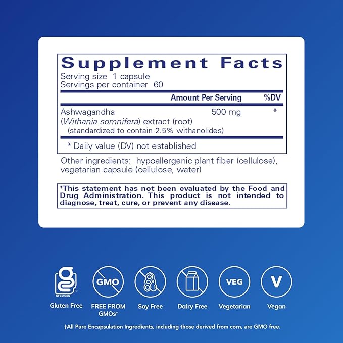 Pure Encapsulations Ashwagandha - 500 mg Ashwagandha Extract - Metabolism & Stress Support - Immune Support - GMO Free & Vegan - 60 Capsules