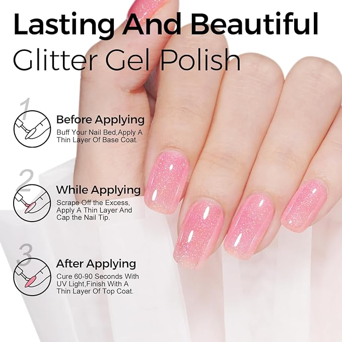TOMICCA Nude Pink Glitter Gel Nail Polish, Soak Off UV Transparent Shimmer Clear Pink Nail Polish Gel Natural Color Nail Art DIY Manicure Salon