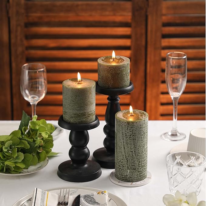 3x4 Inch Moss Green Pillar Candles - Set of 3, Long Clean Burning, Smokeless Dripless Candles for Spring Home Decor, Dinner Table, Bathroom, Rustic Decor