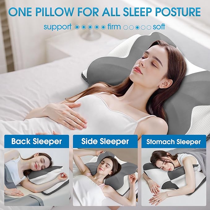 CloudBliss Cervical Memory Foam Pillow for Neck and Shoulder, Contour Neck Support Pillow with Cooling Case, Ergonomic Bed Pillow, Support for Side Back Stomach Sleepers (Grey, King Size)